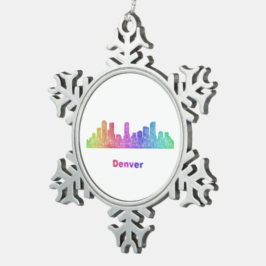Regenbogen-Denver-Skyline Schneeflocken Zinn-Ornament (Rechts)