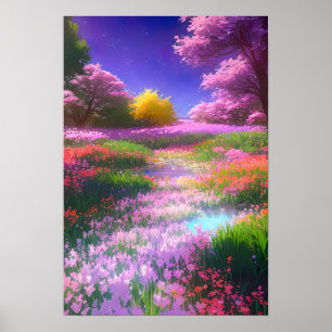 Regenbogen der farbenfrohen Blume im Sumpf Poster