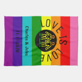 Regenbogen des Liebe-Typografie-lesbischer Gay Geschirrtuch (Horizontal)