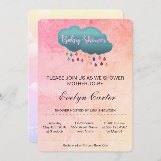 REGENBOGEN-DUSCHEN-WOLKE/BABYPARTY EINLADUNG (Vorne/Hinten)