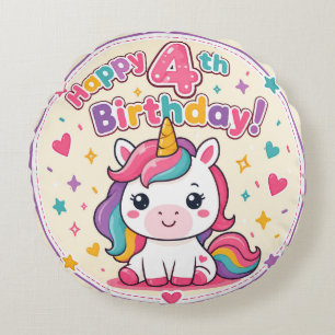 Regenbogen-Einhorn 4. Geburtstags-Zauber-Papierpla Rundes Kissen