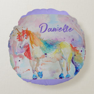 Regenbogen-Einhorn-Aquarell-Mädchen-Name-Kissen Rundes Kissen