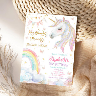 Regenbogen-Einhorn-Glitzern-und-Gold-Geburtstagsei Einladung