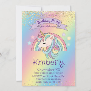 Regenbogen-Einhorn-Gold-Glitter-Geburtstag Einladung