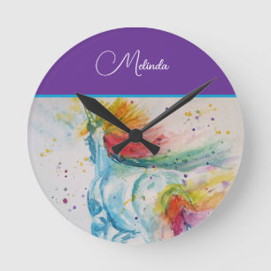 Regenbogen Einhorn Lila Aquarell Mädchen Geburtsta Runde Wanduhr