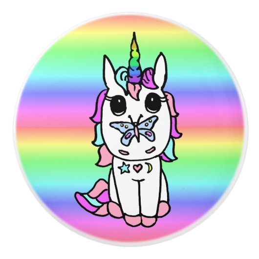 Regenbogen Einhorn mit Schmetterling auf Nase Keramikknauf (Vorderseite)