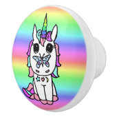 Regenbogen Einhorn mit Schmetterling auf Nase Keramikknauf (Rechts)
