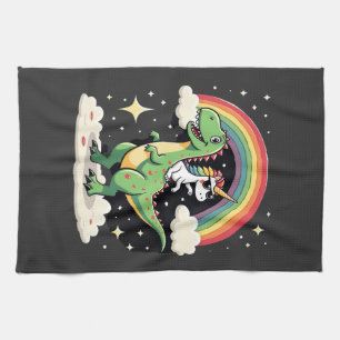 Regenbogen-Einhorn reitet auf T-Rex - Dinosaurier Geschirrtuch