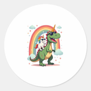 Regenbogen-Einhorn reitet auf T-Rex - Dinosaurier  Runder Aufkleber
