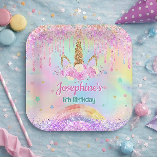 Regenbogen Einhorn rosa aqua Geburtstag quadrat Pappteller