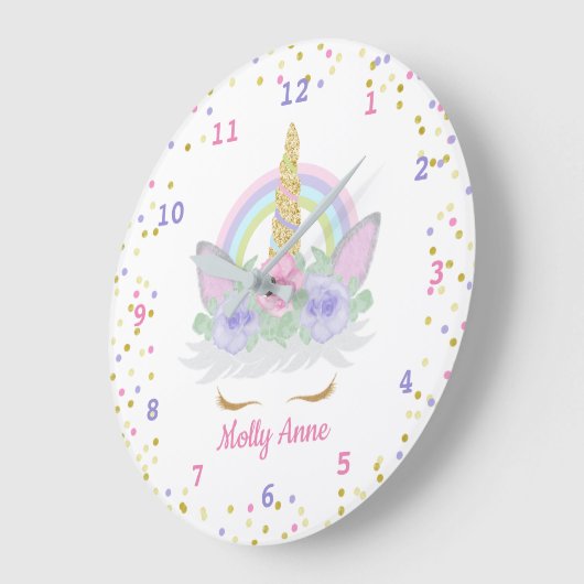 Regenbogen Einhorn Rosa, Lila und goldene Konfetti Große Wanduhr (Winkel)