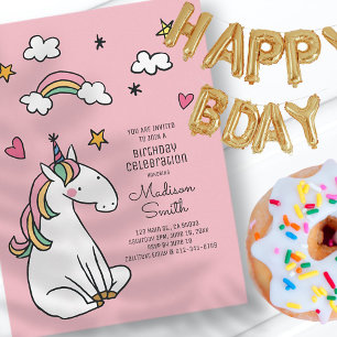 Regenbogen-Einhorn-Sterne-Herzen-Geburtstags-Einla Einladungspostkarte
