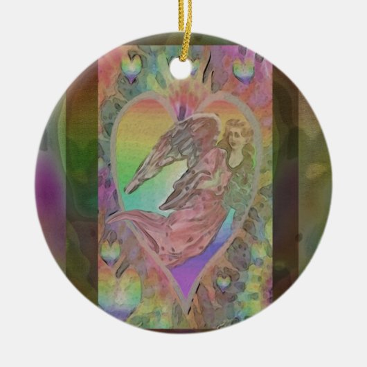 Regenbogen-Engel mit Herzen Keramik Ornament (Vorne)