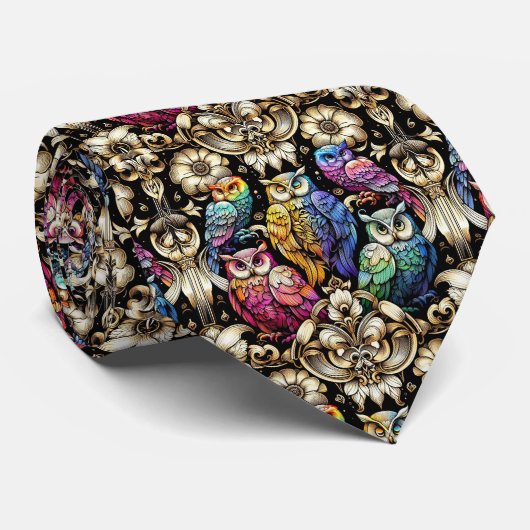 Regenbogen-Eule Art Deco Art Nouveau Krawatte (Gerollt)