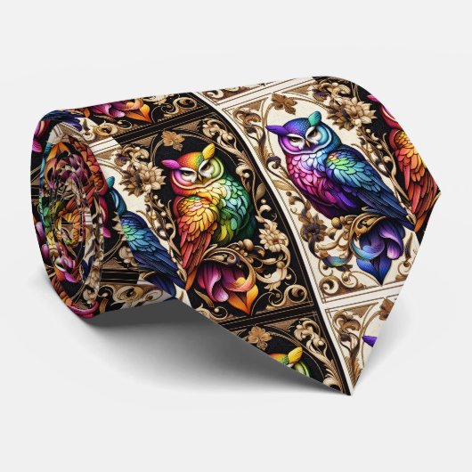 Regenbogen-Eule Art Deco Art Nouveau Krawatte (Gerollt)