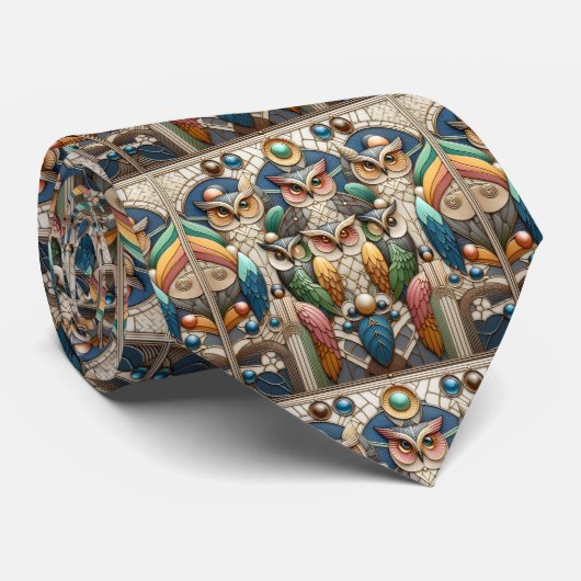 Regenbogen-Eule Art Deco Krawatte – Schwarz, Weiß (Gerollt)