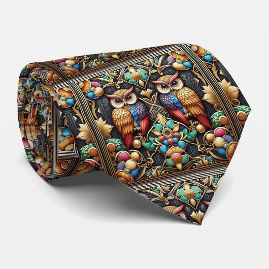 Regenbogen-Eule Art Deco Krawatte – Schwarz, Weiß (Gerollt)