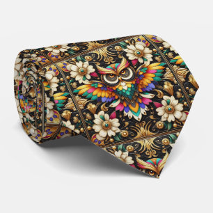 Regenbogen-Eule Art Deco Krawatte – Schwarz, Weiß