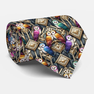 Regenbogen-Eule Art Deco Krawatte – Schwarz, Weiß