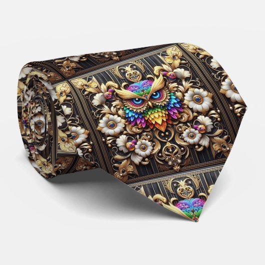 Regenbogen-Eule Art Deco Schlips – Schwarz, Weiß & Krawatte (Gerollt)