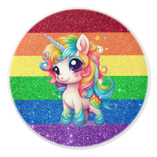 Regenbogen-Faux-Glitter-Einhorn-Mädchen-Hübsch Keramikknauf