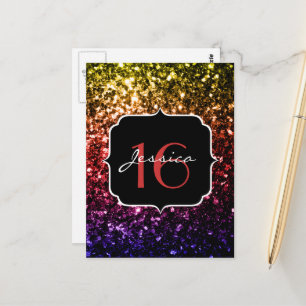 Regenbogen-Faux-Glitter-Sparkles Sweet 16 Postkarte