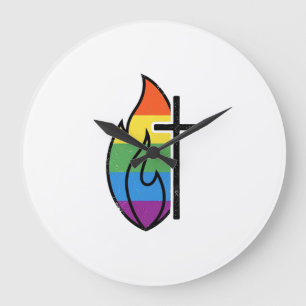 Regenbogen-Flammenkreuz Vintage-Christlicher-Vekto Große Wanduhr