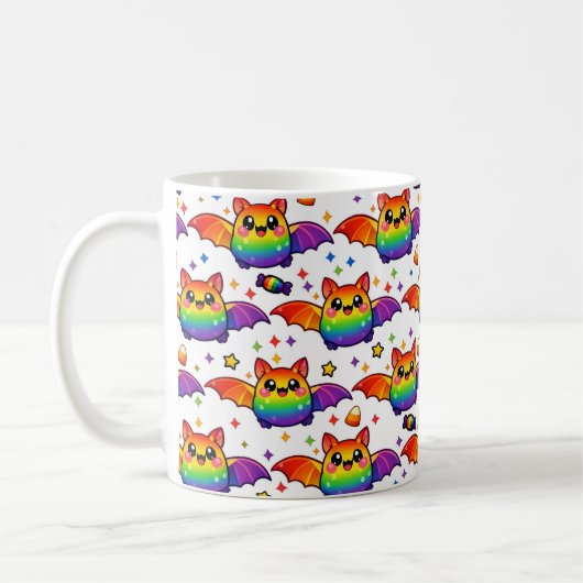 🦇🌈 Regenbogen-Fledermaus-Sternenexplosion-Crewso Kaffeetasse (Links)