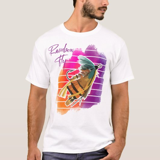 Regenbogen-Fliegenfischköder Retro-Sonnenuntergang T-Shirt (Vorderseite)