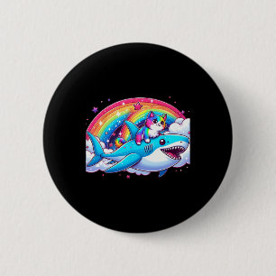 Regenbogen Galaxy Katze Riding Hai im Weltraum Wit Button