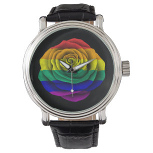 Regenbogen-Gay Pride-Rosen-Flagge auf Schwarzem Armbanduhr