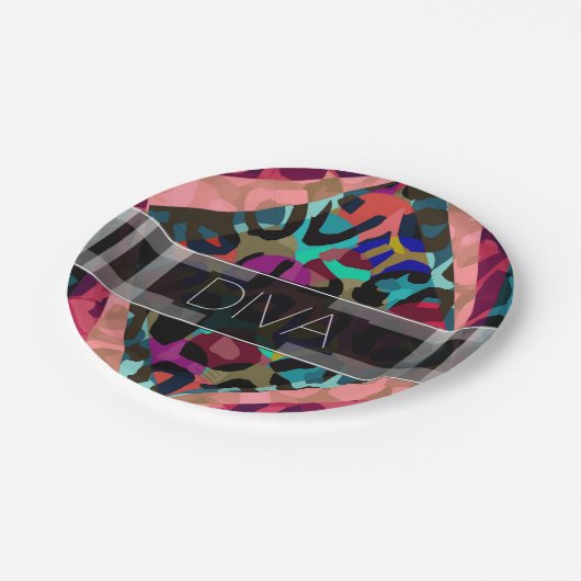 Regenbogen-Gepard-Diva Pappteller (Schrägansicht)