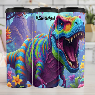 Regenbogen-Gestreifter T-Rex Brüllt im Dschungel Thermosbecher