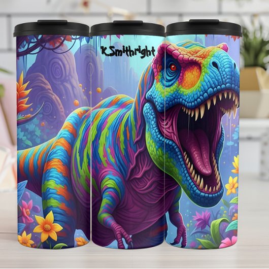 Regenbogen-Gestreifter T-Rex Brüllt im Dschungel Thermosbecher