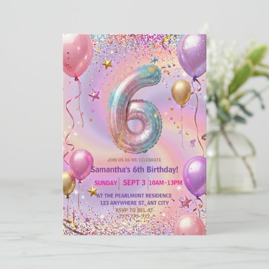 Regenbogen Glitter 6. Geburtstagsfeier Einladung (Stehend Vorderseite)