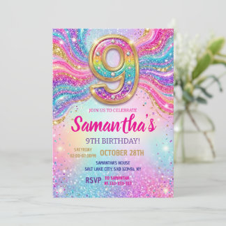 Regenbogen Glitter Geburtstagsfeier 9. Geburtstag Einladung