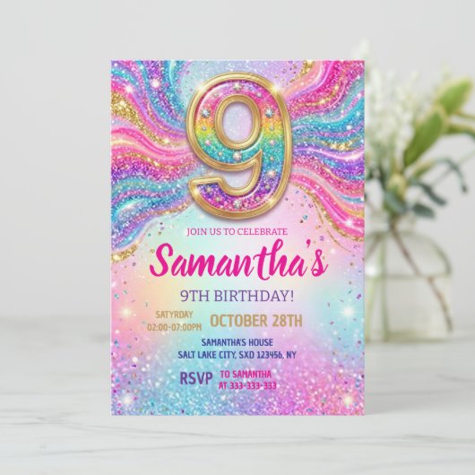 Regenbogen Glitter Geburtstagsfeier 9. Geburtstag Einladung (Stehend Vorderseite)