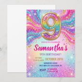 Regenbogen Glitter Geburtstagsfeier 9. Geburtstag Einladung (Vorne/Hinten)