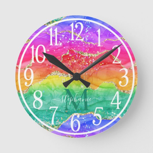 Regenbogen Glitter Gold Achat Monogramm Runde Wanduhr (Vorderseite)