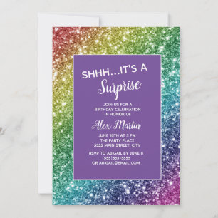 Regenbogen Glitter Lila Überraschungs-Geburtstagsf Einladung