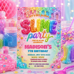 Regenbogen-Glitter-Slime-Geburtstagsfeier Einladung