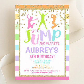 Regenbogen Glitter Trampolin Spring Geburtstagsmäd Einladung