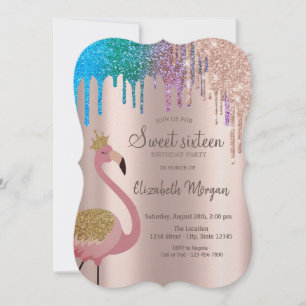 Regenbogen Glitter Tropfen Flamingos Sweet 16 Gebu Einladung