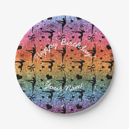 Regenbogen-Glittergymnastik alles Gute zum Pappteller (Vorderseite)