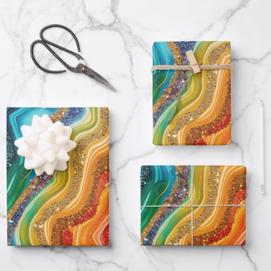 Regenbogen-Glitzer-Agitiermuster-Party Geschenkpapier Set (Vorderseite)