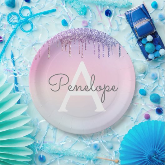 Regenbogen-Glitzer-Drillingslampe mit Monogramm Pappteller (Party)