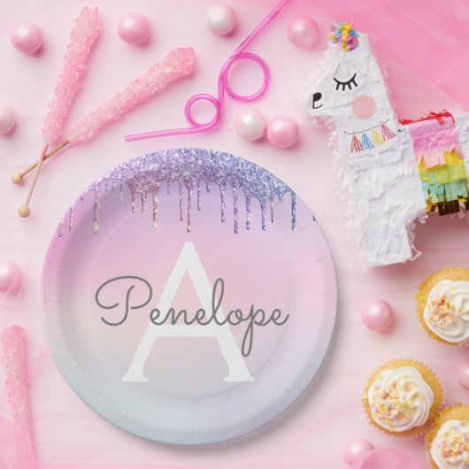 Regenbogen-Glitzer-Drillingslampe mit Monogramm Pappteller (Party)