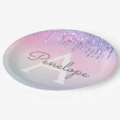 Regenbogen-Glitzer-Drillingslampe mit Monogramm Pappteller (Schrägansicht)