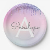 Regenbogen-Glitzer-Drillingslampe mit Monogramm Pappteller (Vorderseite)