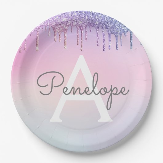 Regenbogen-Glitzer-Drillingslampe mit Monogramm Pappteller (Vorderseite)